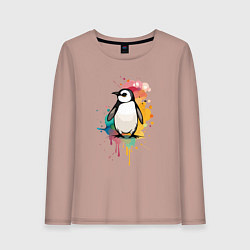 Лонгслив хлопковый женский Красочный пингвин, цвет: пыльно-розовый