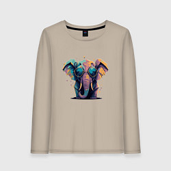 Лонгслив хлопковый женский Красочный слон в очках, цвет: миндальный