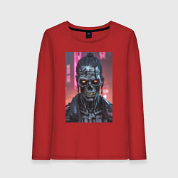 Лонгслив хлопковый женский Зомби зловещий скелет киберпанк, цвет: красный