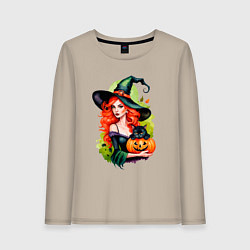 Женский лонгслив Рыжая ведьма с тыквой и черным котом