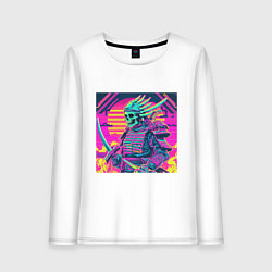 Лонгслив хлопковый женский Кислотный самурай скелет в стиле retrowave, цвет: белый