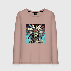 Лонгслив хлопковый женский Индеец зомби с перьями на голове, цвет: пыльно-розовый