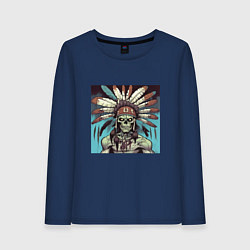 Лонгслив хлопковый женский Индеец зомби с перьями на голове, цвет: тёмно-синий