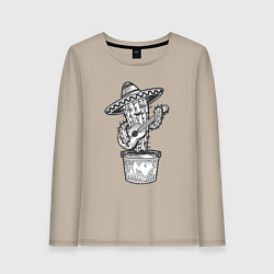 Лонгслив хлопковый женский Кактус с гитарой, цвет: миндальный