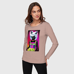 Лонгслив хлопковый женский Cat fashionista - pop art - neural network, цвет: пыльно-розовый — фото 2