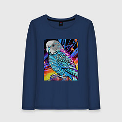 Лонгслив хлопковый женский Волнистый синий попугай, цвет: тёмно-синий