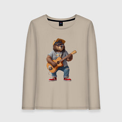 Лонгслив хлопковый женский Брутальный медведь с гитарой, цвет: миндальный