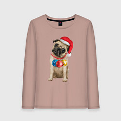Лонгслив хлопковый женский Новогодний мопс, цвет: пыльно-розовый