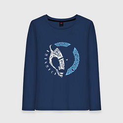 Лонгслив хлопковый женский Вольчья голова с кельтскими символами, цвет: тёмно-синий