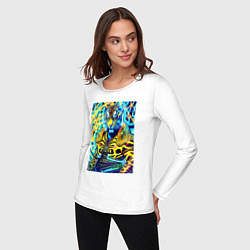 Лонгслив хлопковый женский Neon tiger - pop art - neural network, цвет: белый — фото 2