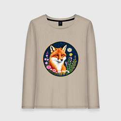 Лонгслив хлопковый женский Лисичка в цветах на тёмном фоне, цвет: миндальный