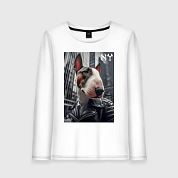 Лонгслив хлопковый женский Dude bull terrier in New York - ai art, цвет: белый