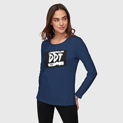 Лонгслив хлопковый женский ДДТ - логотип, цвет: тёмно-синий — фото 2