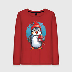 Лонгслив хлопковый женский Пингвин с новогодним подарком, цвет: красный