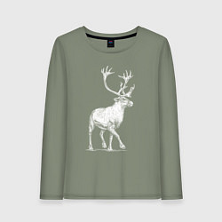 Лонгслив хлопковый женский Северный олень белый спереди, цвет: авокадо