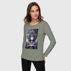 Лонгслив хлопковый женский Аниме девушка шаманка с котом, цвет: авокадо — фото 2