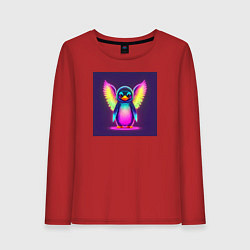 Лонгслив хлопковый женский Неоновый пингвин с крыльями, цвет: красный