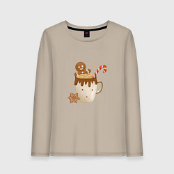 Лонгслив хлопковый женский Кофе с маршмэллоу и имбирным пряником, цвет: миндальный