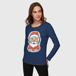 Лонгслив хлопковый женский Дед Мороз в наушниках, цвет: тёмно-синий — фото 2