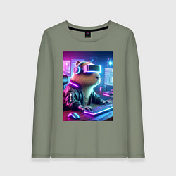 Лонгслив хлопковый женский Капибара игроман - неоновое свечение, цвет: авокадо