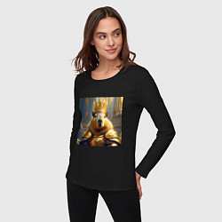 Лонгслив хлопковый женский Мем царь капибара в золотых латах и короне, цвет: черный — фото 2