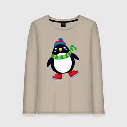 Лонгслив хлопковый женский Пингвин на коньках, цвет: миндальный