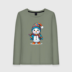 Лонгслив хлопковый женский Снеговик в шапочке и с шарфом, цвет: авокадо