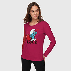 Лонгслив хлопковый женский Смурфик на День святого Валентина, цвет: маджента — фото 2