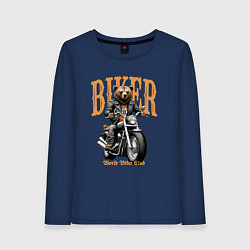 Лонгслив хлопковый женский Байкер медведь на мотоцикле, цвет: тёмно-синий
