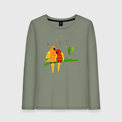 Лонгслив хлопковый женский Пара влюбленных попугаев на ветке, цвет: авокадо