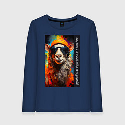 Лонгслив хлопковый женский Лама хиппи: жить гореть и не угаснуть, жить а не с, цвет: тёмно-синий