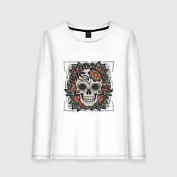 Лонгслив хлопковый женский Ретро татуировка с цветами и черепом, цвет: белый
