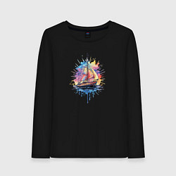 Лонгслив хлопковый женский Парусник на закате, цвет: черный