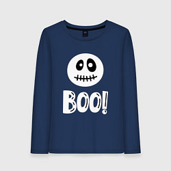 Лонгслив хлопковый женский Страшный белый смайлик: Буу!, цвет: тёмно-синий