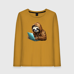 Лонгслив хлопковый женский Ленивец за ноутбуком, цвет: горчичный