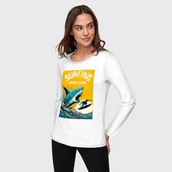 Лонгслив хлопковый женский Акула и серфер - нейросеть, цвет: белый — фото 2