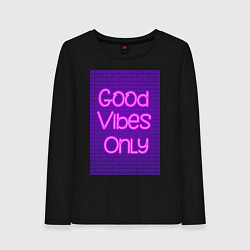 Лонгслив хлопковый женский Неоновая надпись good vibes only и кирпичная стена, цвет: черный