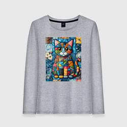 Лонгслив хлопковый женский Прикольный котик - пэчворк, цвет: меланж