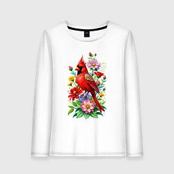 Лонгслив хлопковый женский Птица красный кардинал среди цветов, цвет: белый