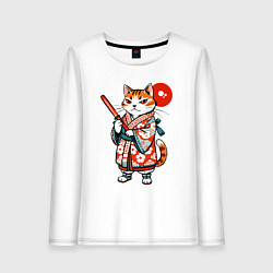 Лонгслив хлопковый женский Кошечка в кимоно в японском стиле, цвет: белый