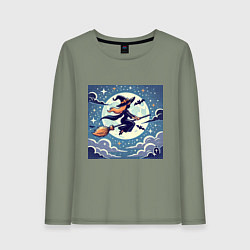 Лонгслив хлопковый женский Ведьма на метле в ночи, цвет: авокадо