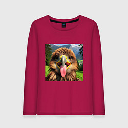 Лонгслив хлопковый женский Забавный орел с высунутым языком в горах, цвет: маджента