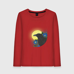 Лонгслив хлопковый женский Чёрный ворон на ветке под луной, цвет: красный