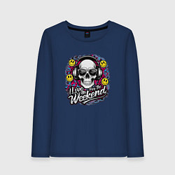 Лонгслив хлопковый женский Я живу ради выходных - череп работник тусовщик и с, цвет: тёмно-синий