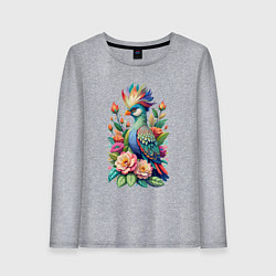 Лонгслив хлопковый женский Голубая птица с хохолком среди цветов, цвет: меланж