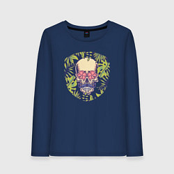 Лонгслив хлопковый женский Цветы и черепок джентельмен, цвет: тёмно-синий