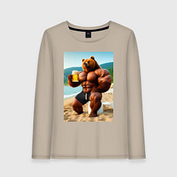 Лонгслив хлопковый женский Медведь бодибилдер с кружкой пива на пляже - нейро, цвет: миндальный