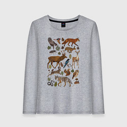 Лонгслив хлопковый женский Лесные животные и птицы, цвет: меланж