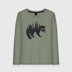 Лонгслив хлопковый женский Енот силуэт из деревьев лесных, цвет: авокадо