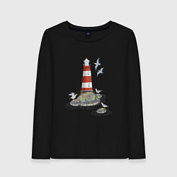 Лонгслив хлопковый женский Маяк и чайки на берегу моря, цвет: черный